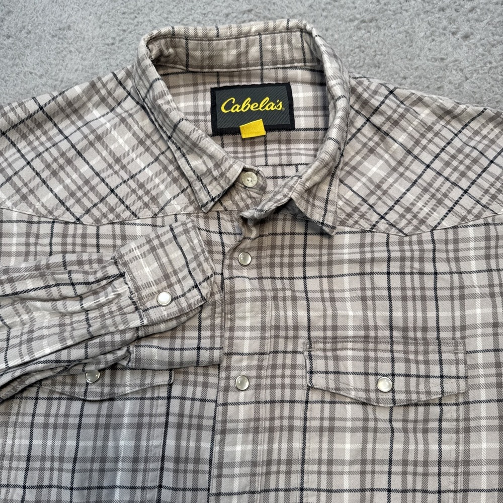 Cabelas Flannel Pearl Snap Shirt Mens XXL 2XL L/S Plaid Cotton Pocket Western